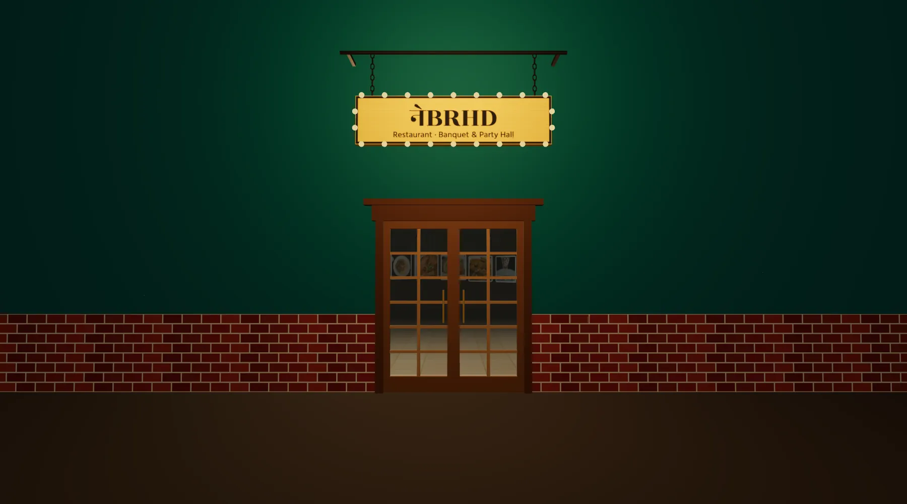 The Neighborhood shopfront at night: a mustard signboard ringed with bulbs hanging over wooden glass doors in a teal wall